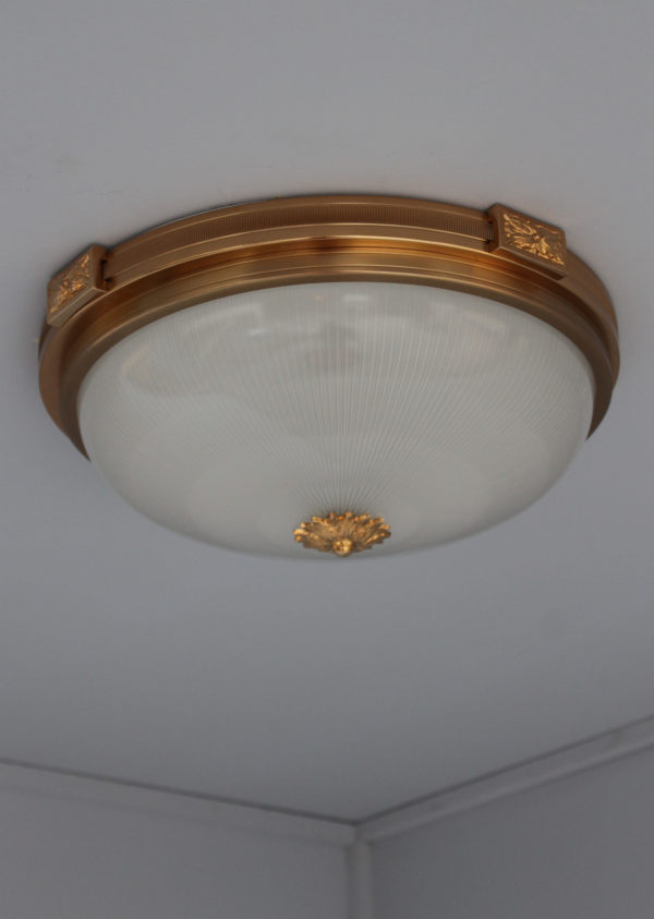 2 Fine French Neoclassical Brass Flush Mounts with Fluted Glass Shades - Image 5