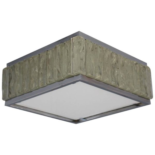 Fine French Art Deco Square Glass and Chrome Flush Mount by Perzel