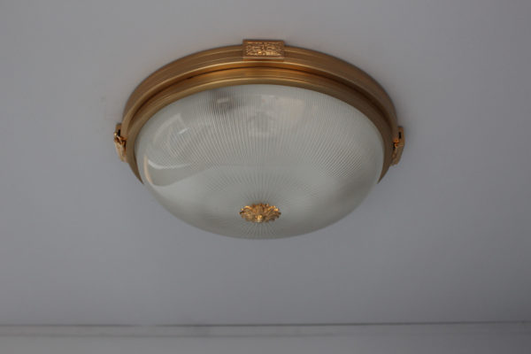 Three Fine French 1940s Gilded Brass Flush Mounts with Fluted Glass Shades - Image 8