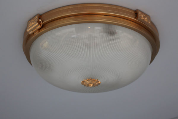 Three Fine French 1940s Gilded Brass Flush Mounts with Fluted Glass Shades - Image 3