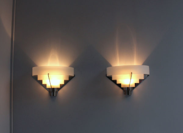 4 Fine French Art Deco Chrome and Glass Sconces by Jean Perzel - Image 4