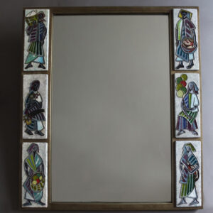 A Fine French 1960s Brass and Ceramic Framed Mirror by Scaillon