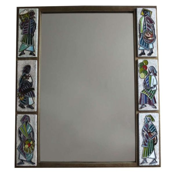 A Fine French 1960s Metal and Ceramic Framed Mirror by Scaillon