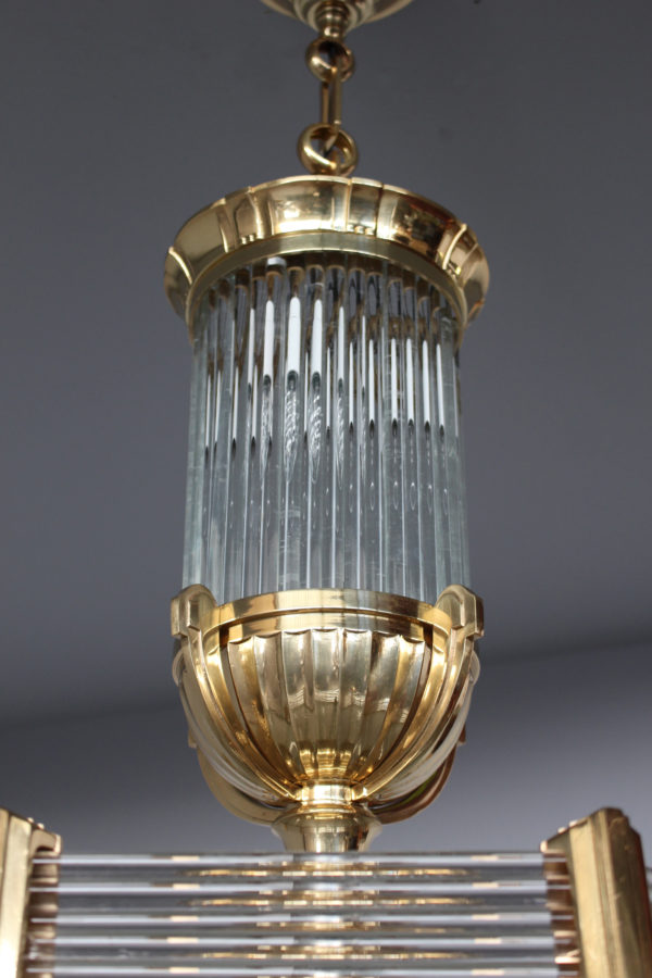 A Fine French Art Deco Octagonal Bronze and Glass Chandelier by Petitot - Image 7