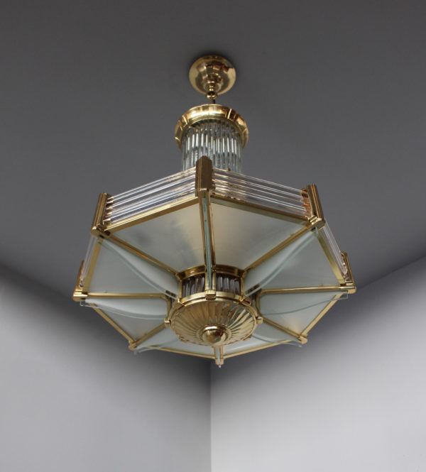 A Fine French Art Deco Octagonal Bronze and Glass Chandelier by Petitot - Image 3