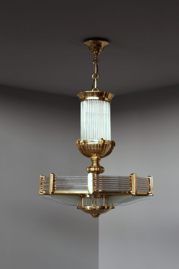 A Fine French Art Deco Octagonal Bronze and Glass Chandelier by Petitot - Image 10