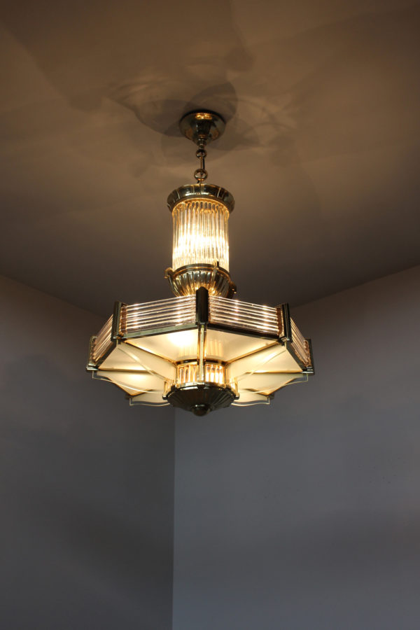 A Fine French Art Deco Octagonal Bronze and Glass Chandelier by Petitot - Image 6