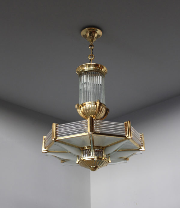 A Fine French Art Deco Octagonal Bronze and Glass Chandelier by Petitot - Image 2