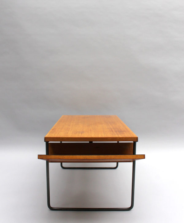 A French Mid-Century Oak and Laminate Coffee Table with a Metal Base - Image 10