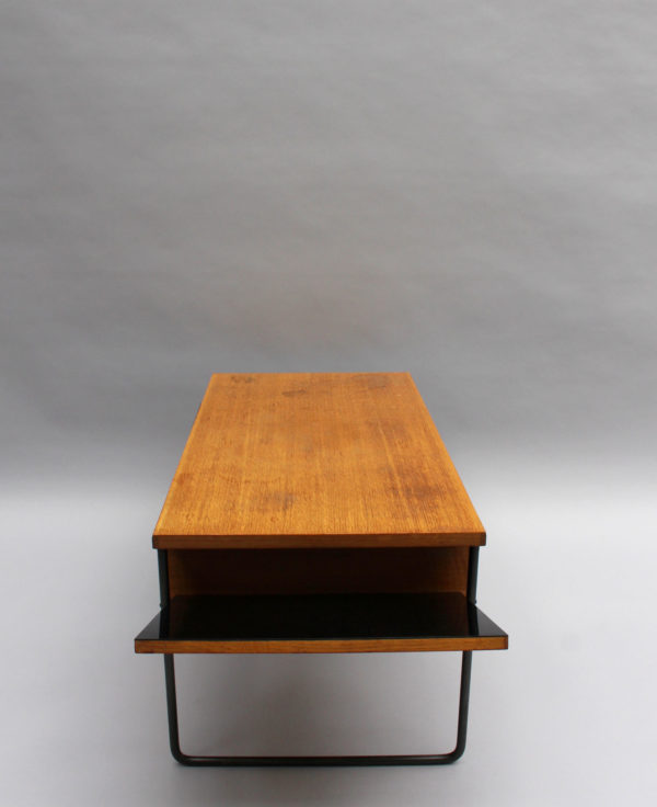 A French Mid-Century Oak and Laminate Coffee Table with a Metal Base - Image 11