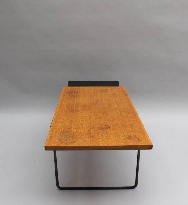 A French Mid-Century Oak and Laminate Coffee Table with a Metal Base - Image 4