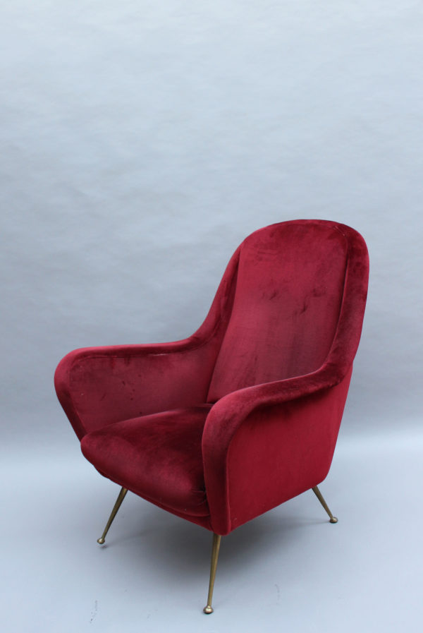 A Fine 1970's Italian Red Velvet Armchair with Brass Legs - Image 3