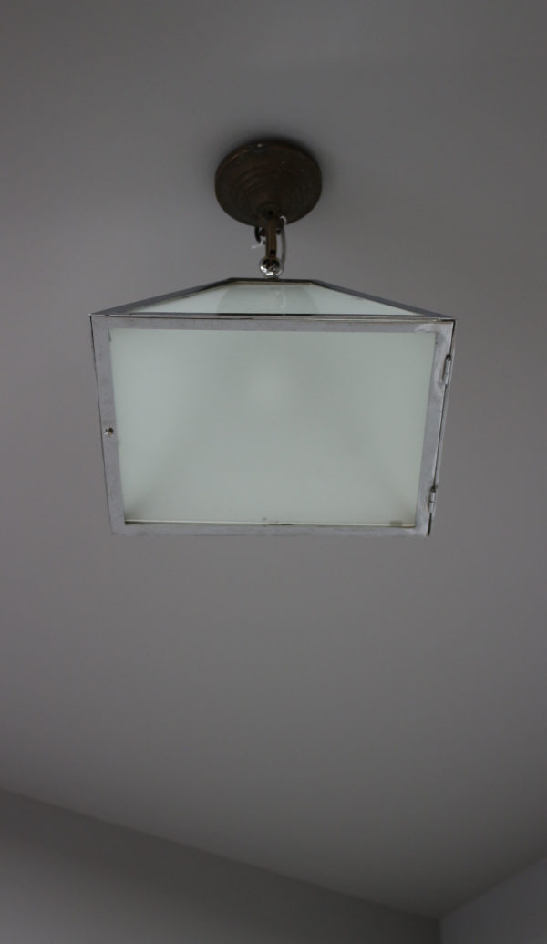 French Art Deco Trapezoidal Glass and Chrome Ceiling Fixture/Lantern - Image 6