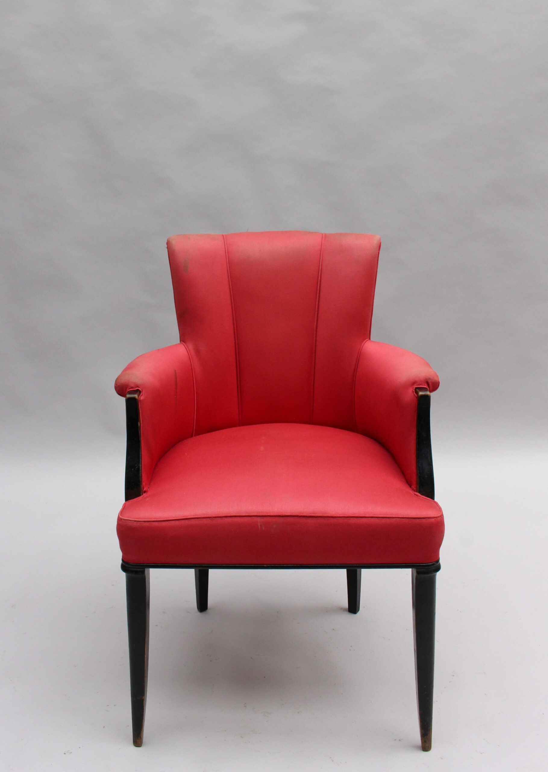 Set of Eight Fine French Art Deco Black Lacquered Wood Bridge Armchairs - Image 3