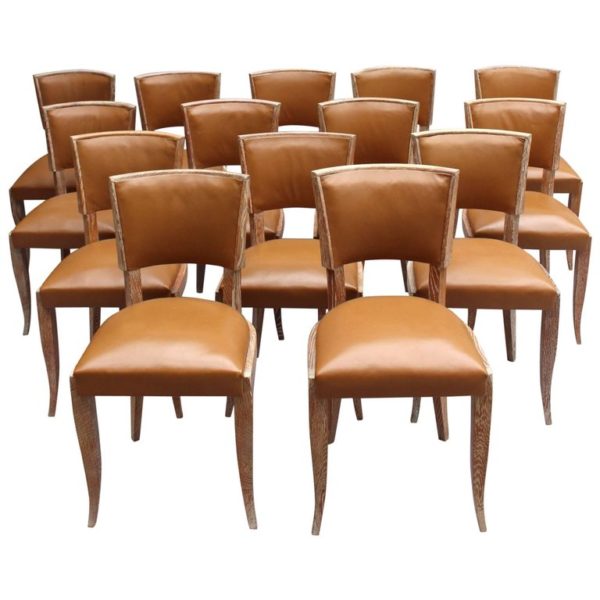 Set Of 14 French Art Deco Cerused Oak Dining Chairs - Conjeaud & Chappey