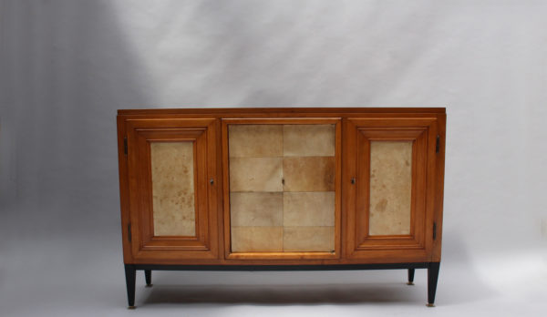 Swiss Midcentury Pear Wood and Parchment Three Door Buffet - Image 3