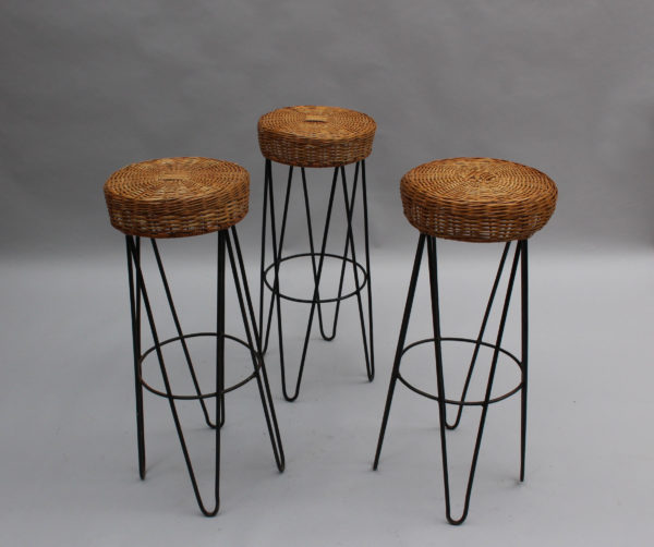 3 French 1950's Black Metal and Rattan Bar Stools - Image 2