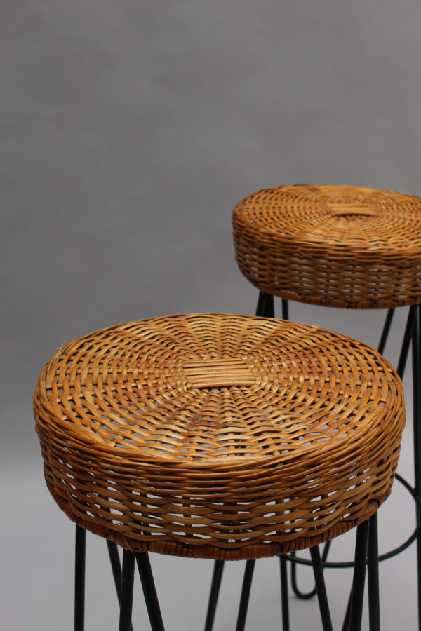 3 French 1950's Black Metal and Rattan Bar Stools - Image 5