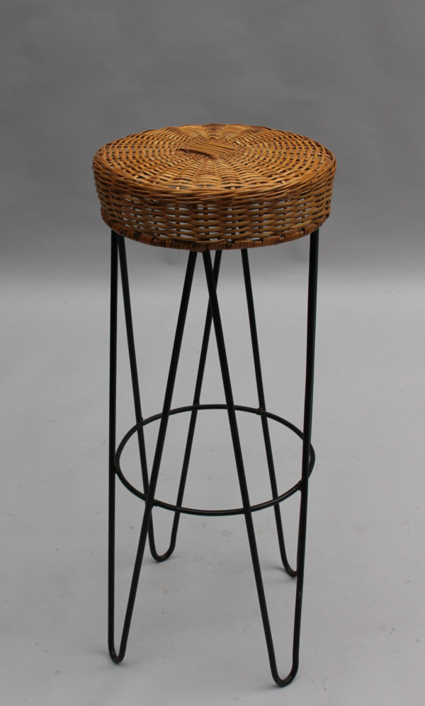 3 French 1950's Black Metal and Rattan Bar Stools - Image 4