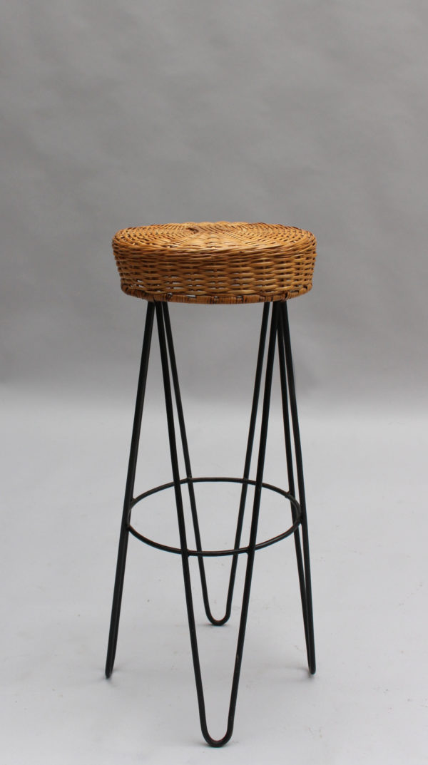 3 French 1950's Black Metal and Rattan Bar Stools - Image 3