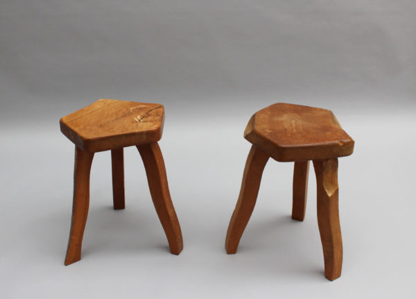 Two French 1950s Oak Tripod Stools - Image 3