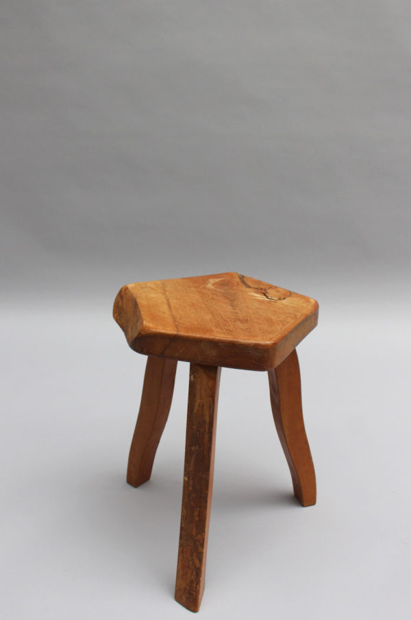 Two French 1950s Oak Tripod Stools - Image 5