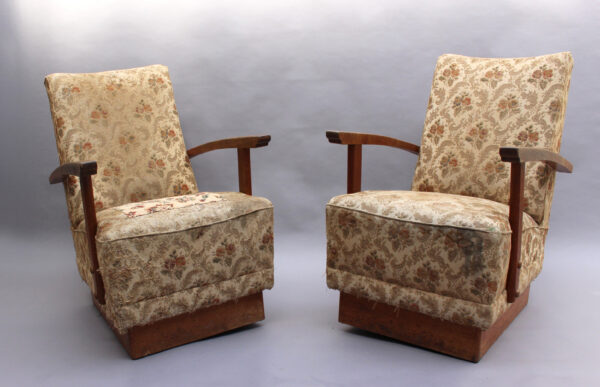 2 Fine French Art Deco Oak Pedestal Lounge Armchairs - Image 2
