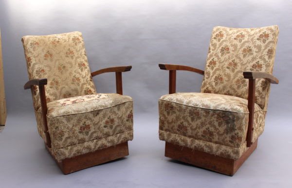 4 Fine French Art Deco Oak Pedestal Lounge Armchairs - Image 9