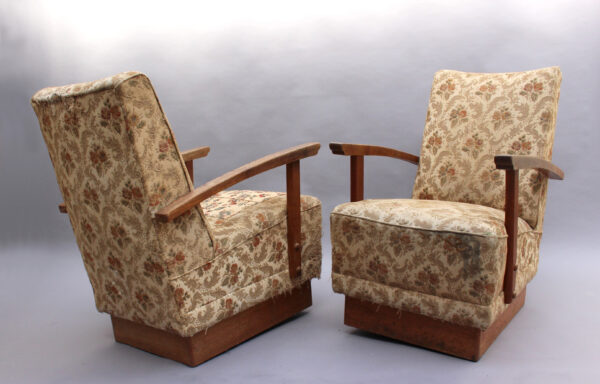 2 Fine French Art Deco Oak Pedestal Lounge Armchairs - Image 3
