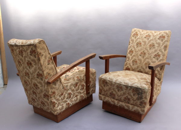 4 Fine French Art Deco Oak Pedestal Lounge Armchairs - Image 11