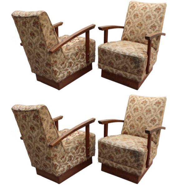 4 Fine French Art Deco Oak Pedestal Lounge Armchairs