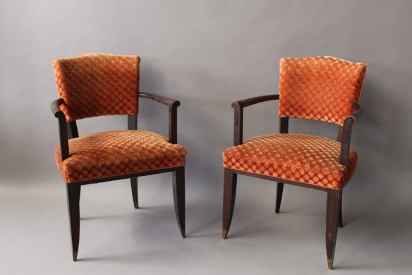 Set of Six French Art Deco Darkened Wood Bridge Chairs with Bronze Sabots - Image 9