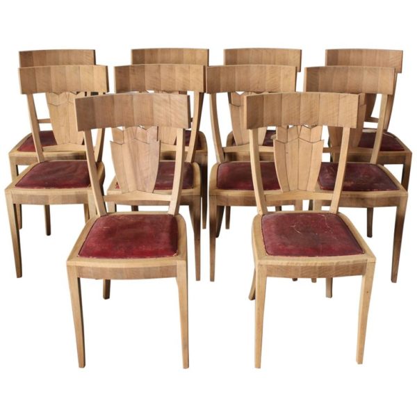 Rare Set of Ten French Art Deco Walnut Dining Chairs by Jean-Charles Moreux