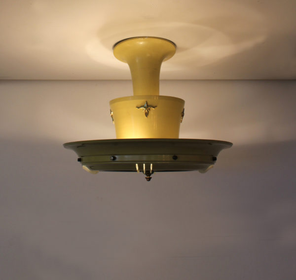 French 1950s Lacquered Metal, Frosted Glass Chandelier with Brass Details - Image 4