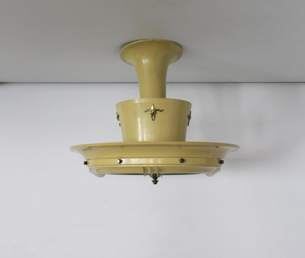 French 1950s Lacquered Metal, Frosted Glass Chandelier with Brass Details - Image 7