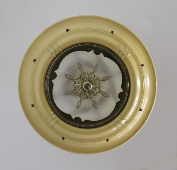 French 1950s Lacquered Metal, Frosted Glass Chandelier with Brass Details - Image 5