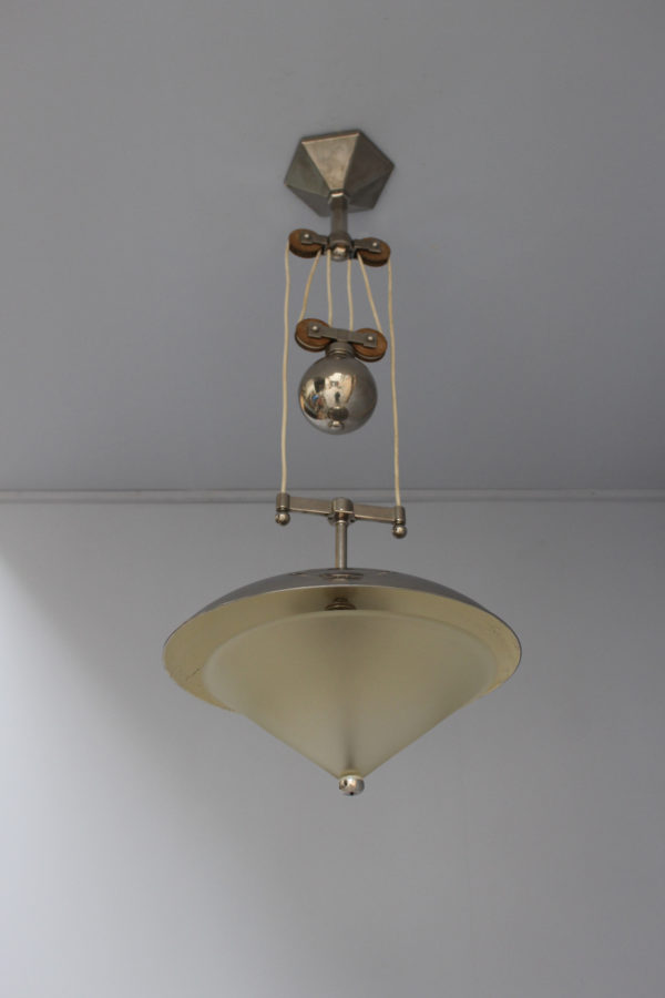 Unusual Fine French Art Deco Chrome and Glass Pendant with Wood Details - Image 3