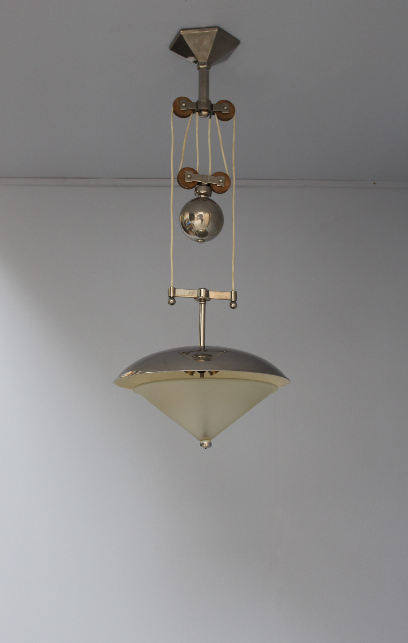 Unusual Fine French Art Deco Chrome and Glass Pendant with Wood Details - Image 4