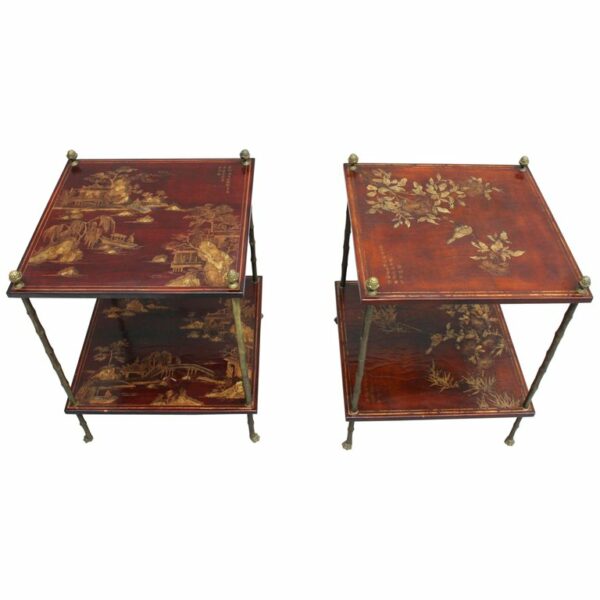 Pair of Fine French Bronze and Chinese Lacquer Side Tables Attributed to Baguès