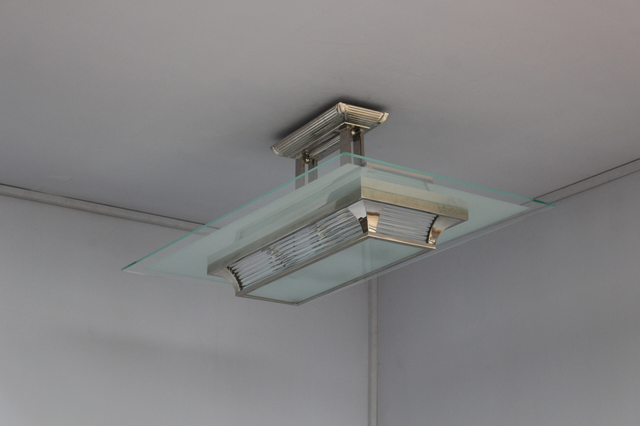 Pair of Fine French Art Deco Glass and Chrome Chandelier by Petitot - Image 2