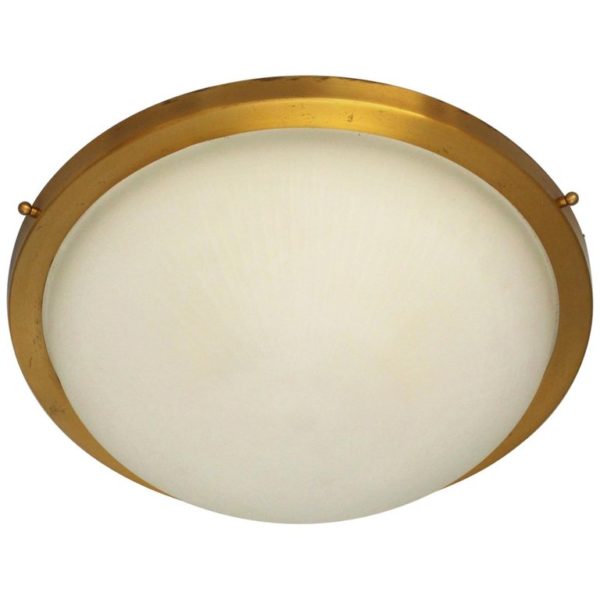 Fine French Art Deco Round Glass and Brass Flush Mount by Perzel