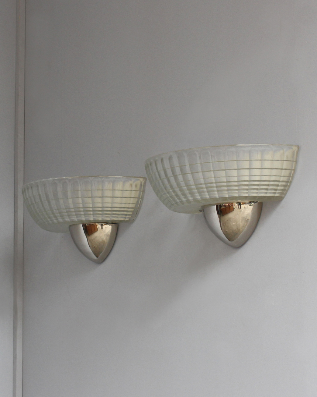 2 Pairs of Fine French Art Deco Chrome and Holophane Glass Sconces - Image 11