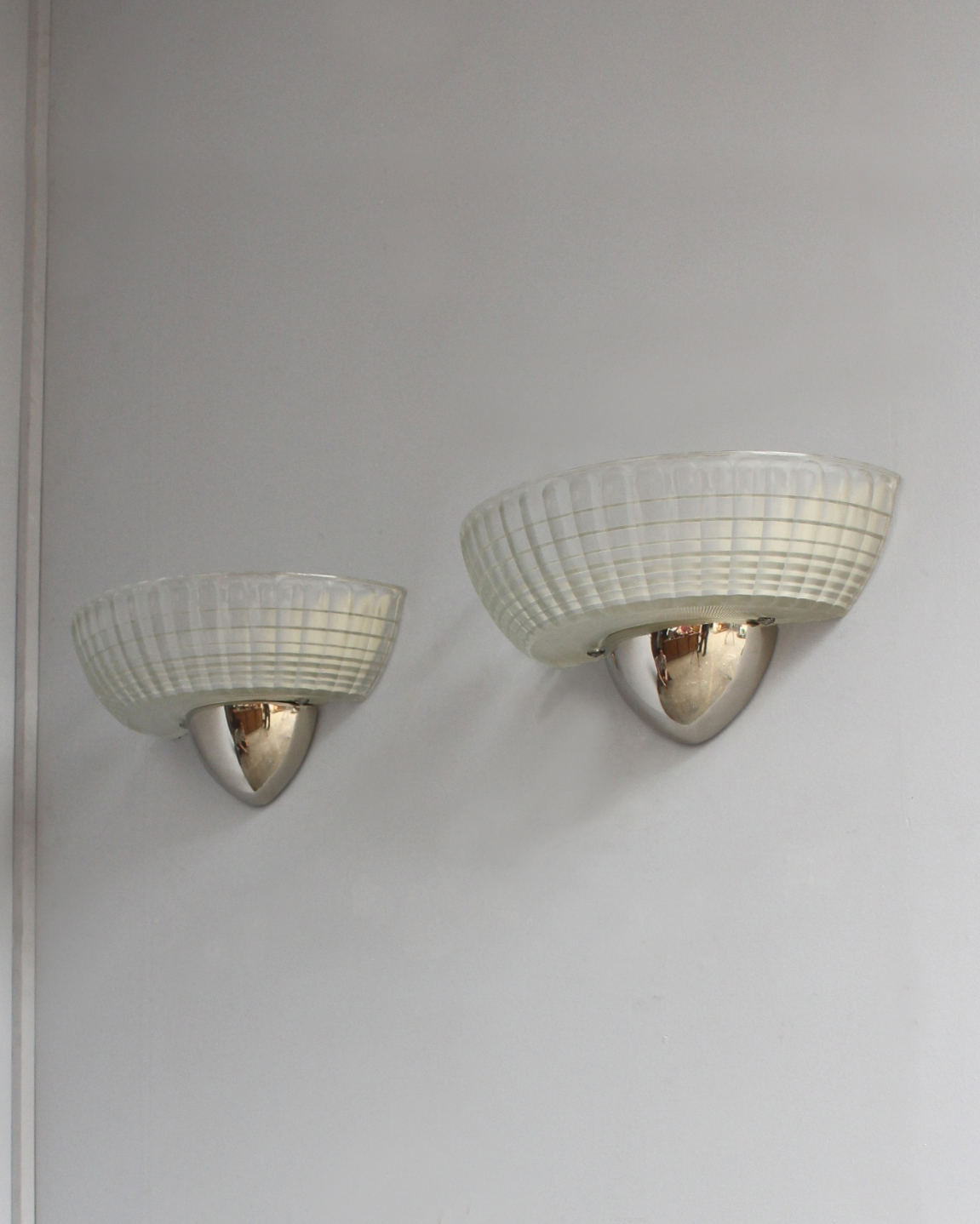 2 Pairs of Fine French Art Deco Chrome and Holophane Glass Sconces - Image 2