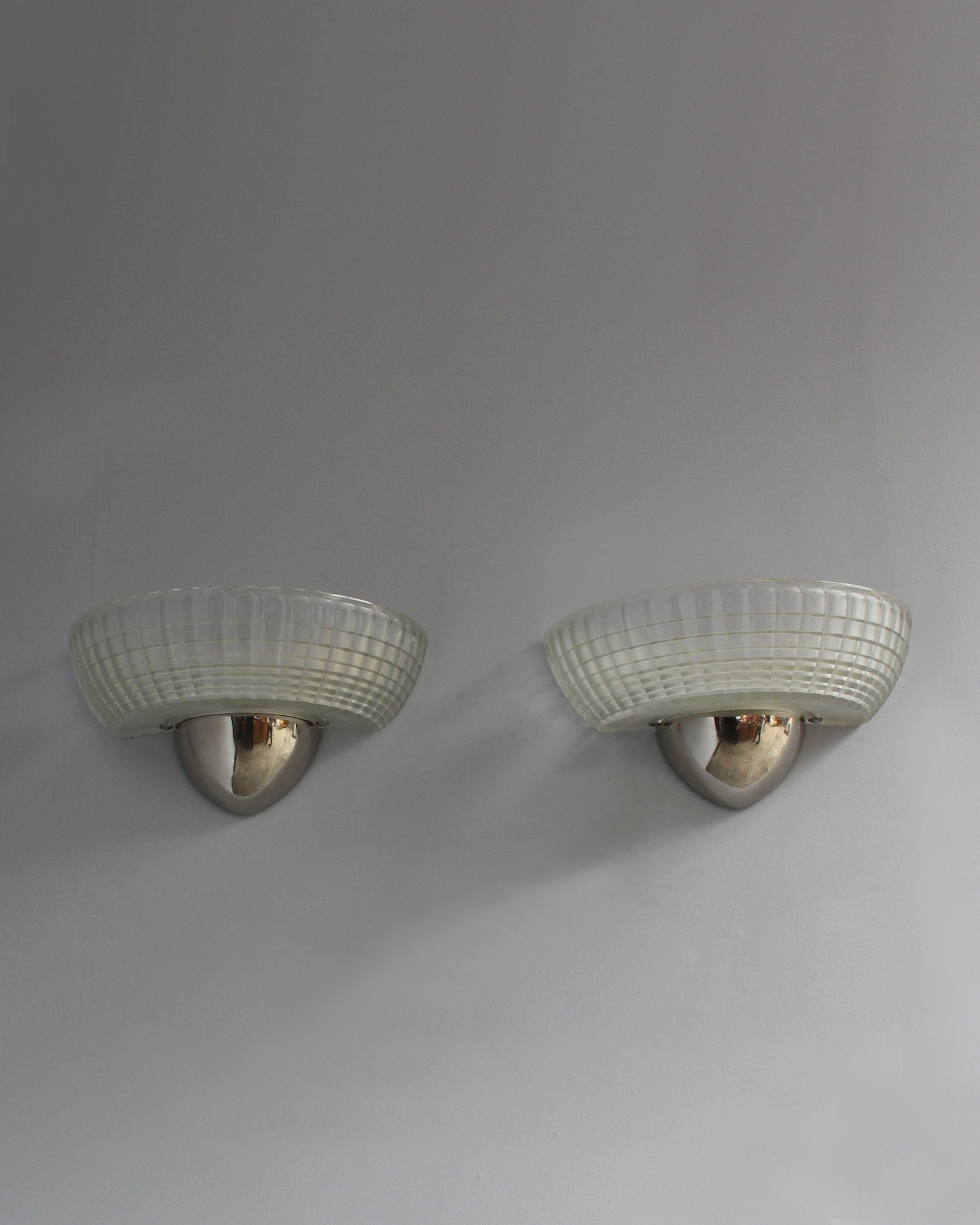 2 Pairs of Fine French Art Deco Chrome and Holophane Glass Sconces - Image 3