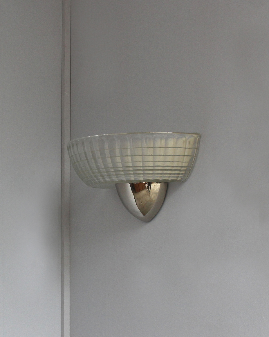 2 Pairs of Fine French Art Deco Chrome and Holophane Glass Sconces - Image 5