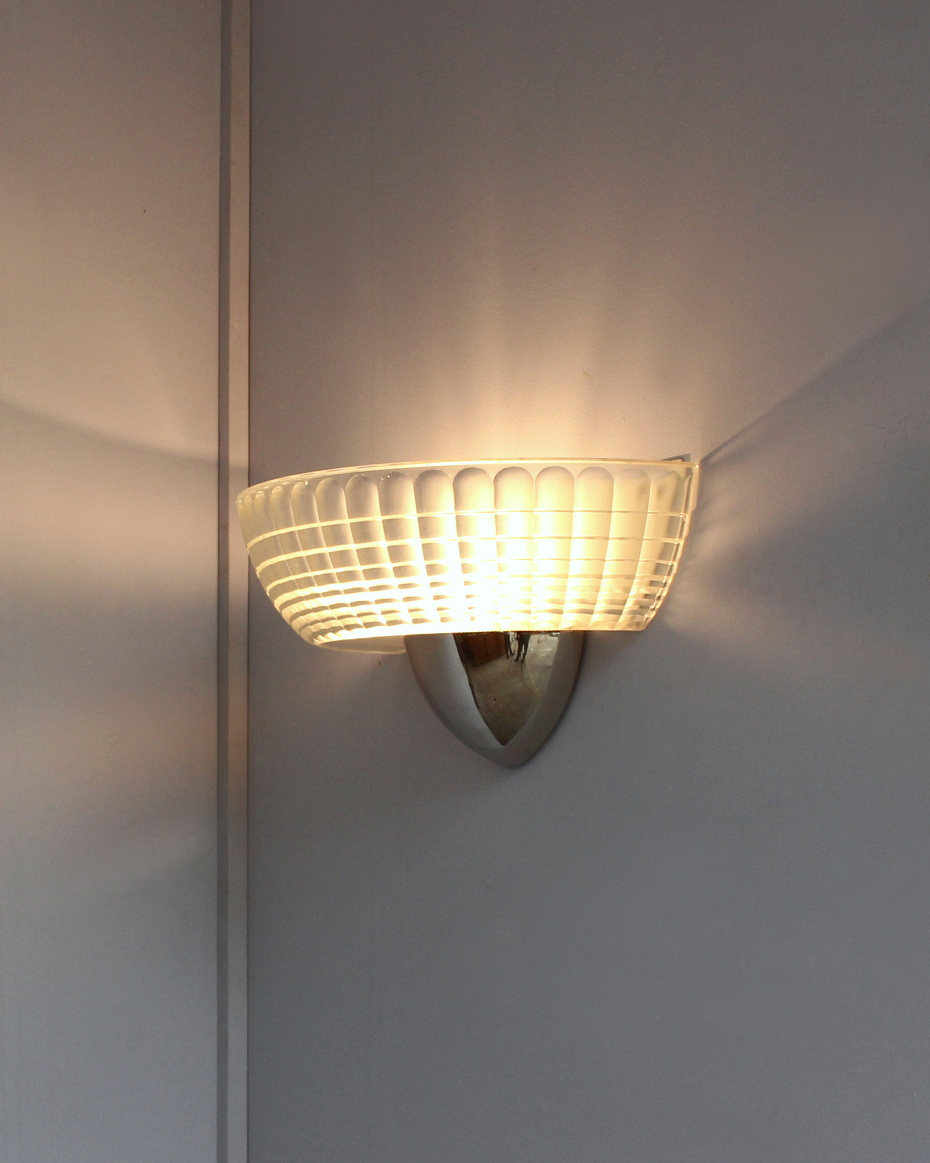 2 Pairs of Fine French Art Deco Chrome and Holophane Glass Sconces - Image 6