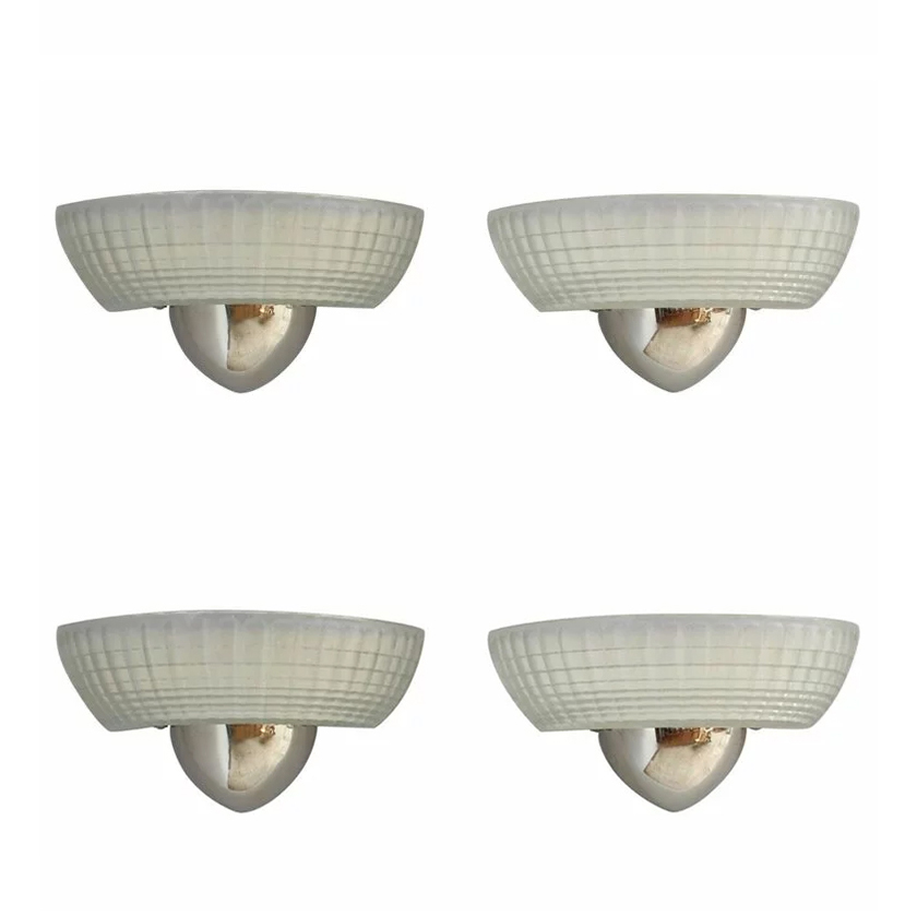 2 Pairs of Fine French Art Deco Chrome and Holophane Glass Sconces