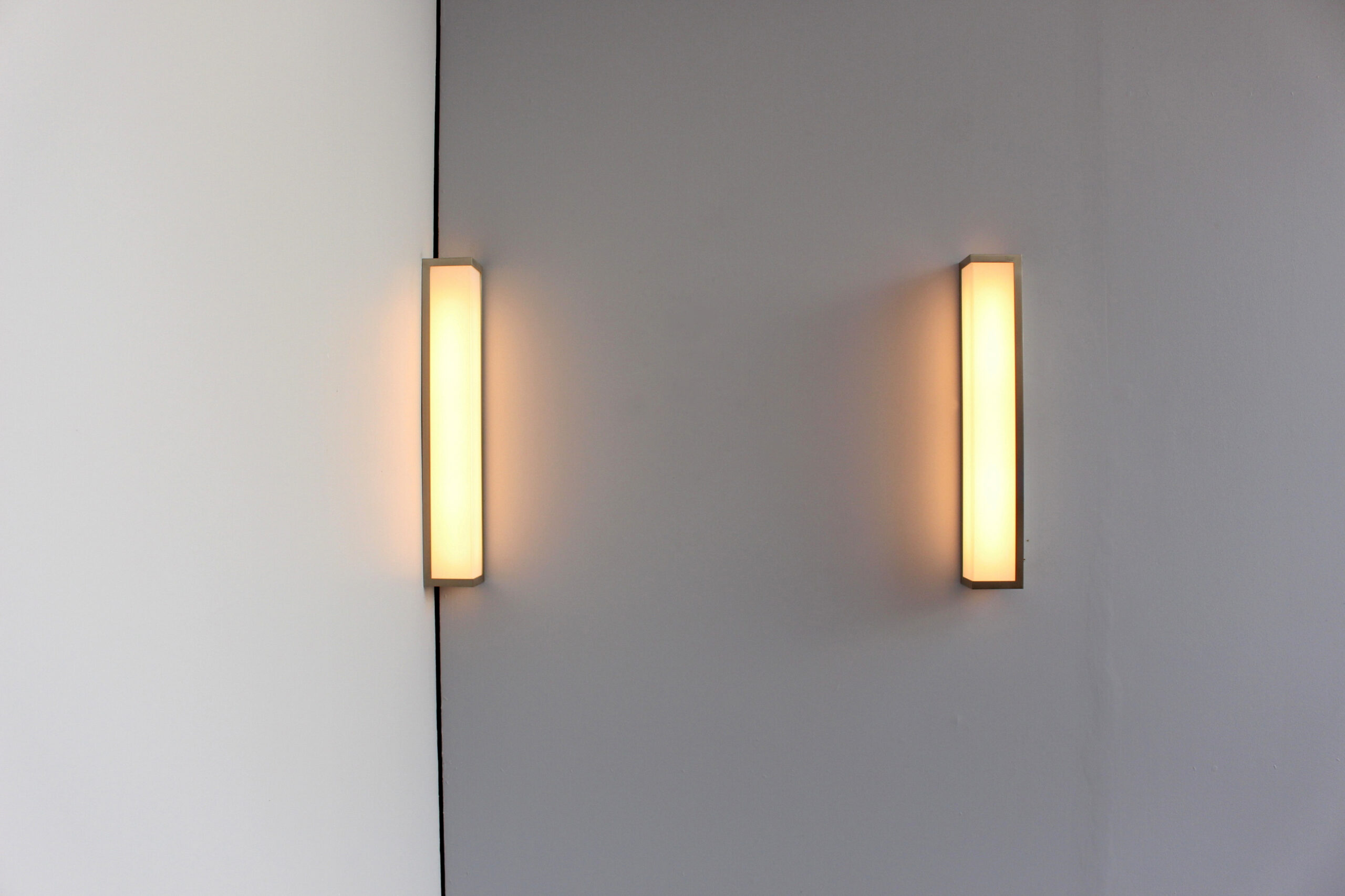 Pair of Fine French Art Deco Brushed Nickel and Glass Angle Sconces by Perzel - Image 2