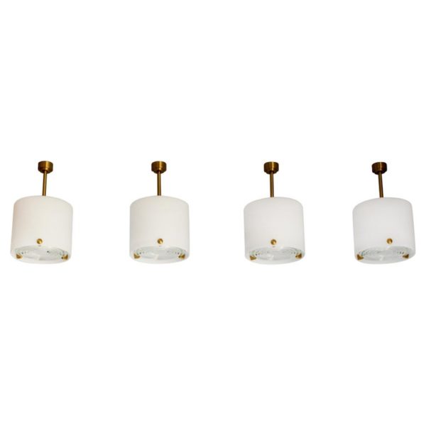 Set of 4 Fine French 1950's Cylindrical Glass and Bronze Pendants by Perzel