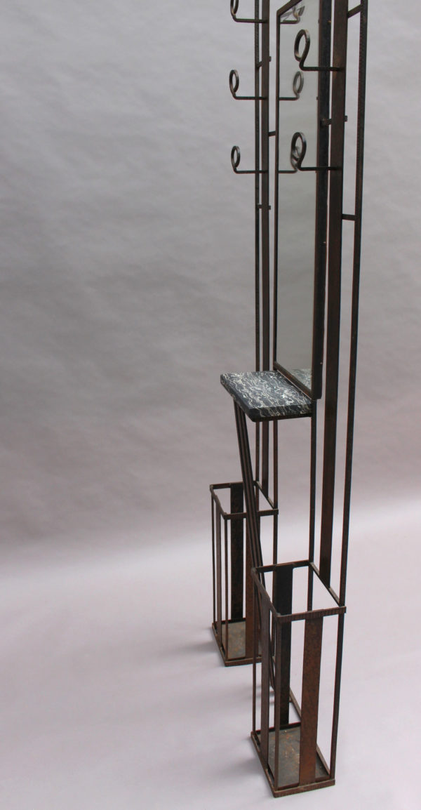 2 Fine French Art Deco Wrought Iron Coat Racks with an Umbrella and Hat